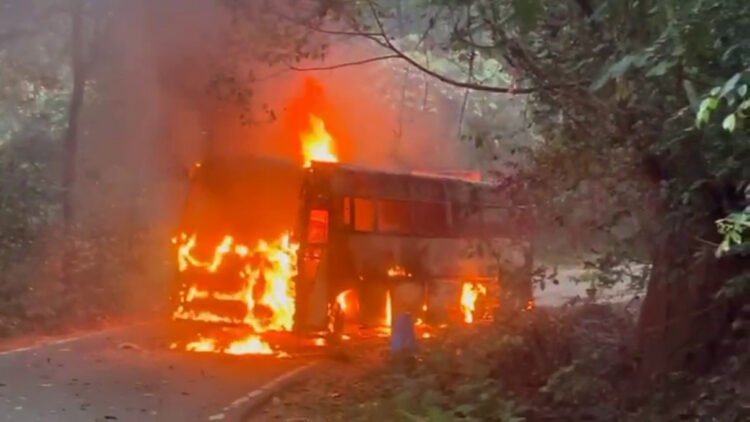 Private Travel Bus Gutted in Fire on Kovvur–Rajahmundry Gammon Bridge, Triggering Safety Concerns